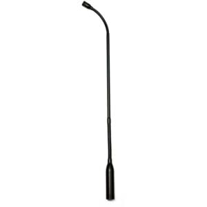 Black gooseneck microphone on white background.