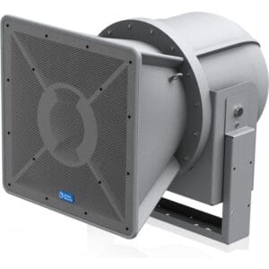 Large industrial ventilation fan with protective grille.