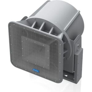 Industrial fan in metal housing, side view.