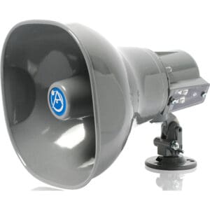 Grey industrial speaker on adjustable mount.