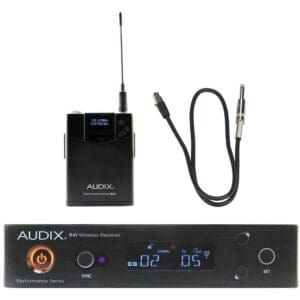 Wireless microphone system with receiver and cable.