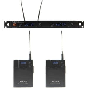 Wireless microphone system with two transmitters.