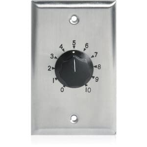 Black dial on metal switch plate.