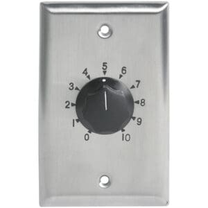 Dial knob on metal wall plate.