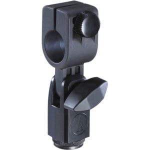 Microphone stand adapter with adjustment knob.