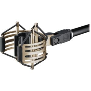 Microphone shock mount with black and gold design.