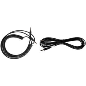 Two black audio cables, coiled and straight.