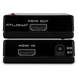 HDMI input and output device, black casing.