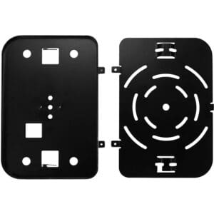 Black metal mounting bracket with cutouts.