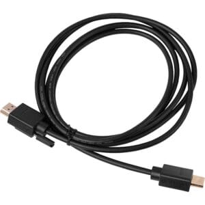 Black HDMI cable coiled on white background.