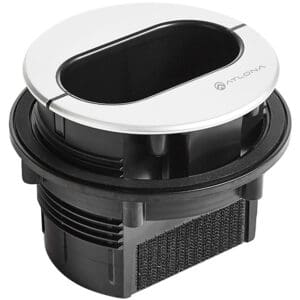 Cable management grommet with silver cover.