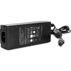 Black power adapter with attached cable.