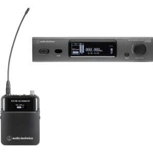 Wireless microphone system with transmitter and receiver.