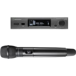 Wireless microphone and receiver system.