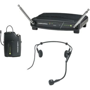 Wireless microphone system with headset and transmitter.