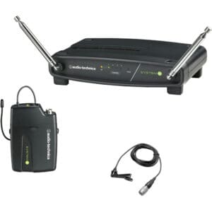 Wireless microphone system with receiver and transmitter.