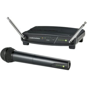 Wireless microphone with receiver, black and silver.