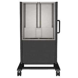 Mobile standing screen with wheels and handle.