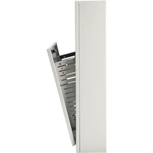 Open white metal wall-mount cabinet.