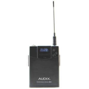 Wireless microphone receiver with antenna and display.