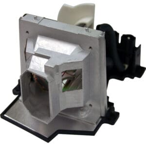 Projector lamp assembly with metal and plastic components.
