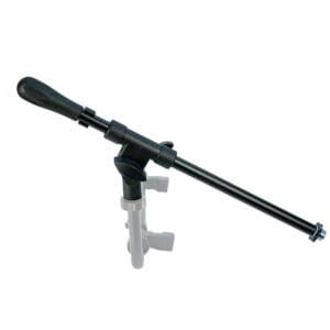 Adjustable microphone boom arm with mounting clamp.