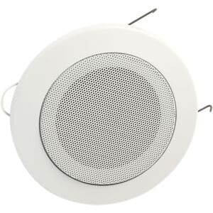 White ceiling speaker with metal grille.