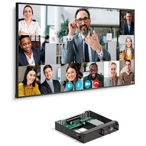 Video call on screen with multiple participants.