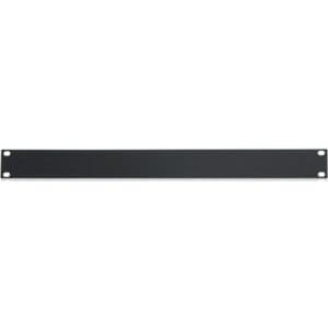 Black metal rackmount panel with holes.