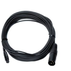 Black XLR cable coiled on white background.