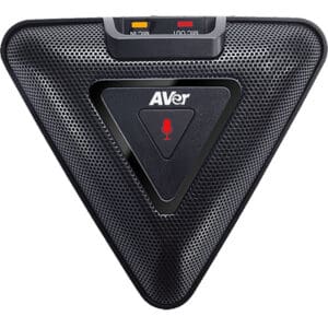 Triangular AVer microphone with red icon.