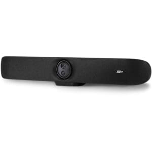 Black video conferencing camera with dual lenses.
