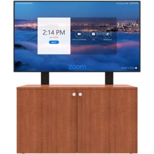 TV with Zoom interface on wooden cabinet.
