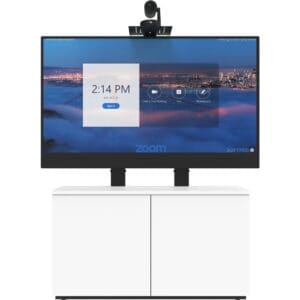 Video conference setup with large display screen.