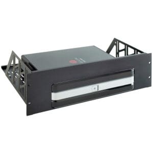 Rack-mounted electronics enclosure with open sides.