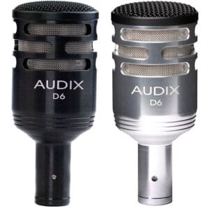 Two Audix D6 microphones, black and silver.