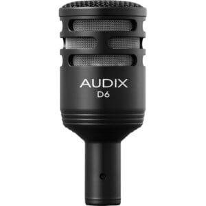 Black Audix D6 microphone on white background.