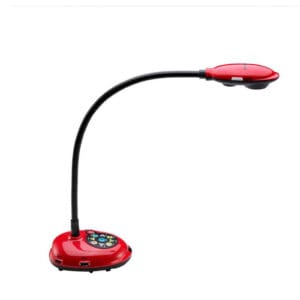Red document camera with flexible neck.