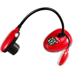 Red document camera with flexible neck.