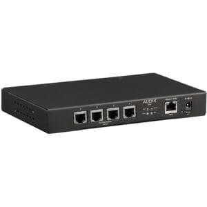 Black audio interface with multiple ports.