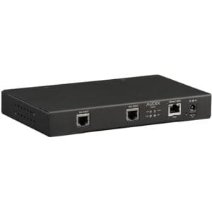 Black network audio interface device with ports.