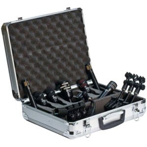 Microphone set in an open carrying case.