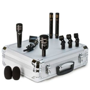 Microphones and accessories on a silver case.