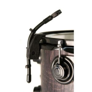 Drum microphone clamp on a drum.