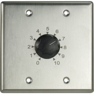 Metallic wall-mounted rotary dial switch.