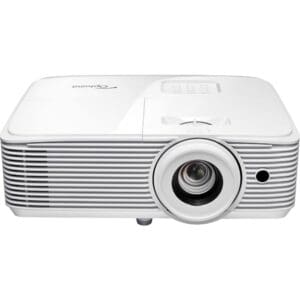 White digital projector with lens and buttons.