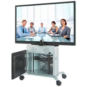 Video conference setup with screen and cabinet.