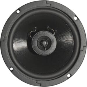 Round black audio speaker close-up.
