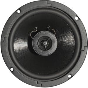 Round black audio speaker with visible diaphragm.