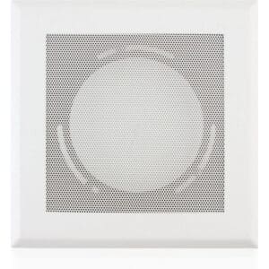 White ceiling speaker with perforated grille.